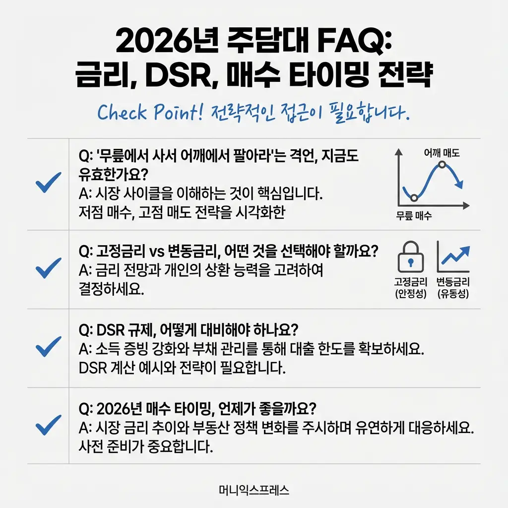 2026년 주택담보대출 FAQ 금리 DSR 매수 타이밍 전략 고정금리 변동금리 DSR 규제 대비 분석