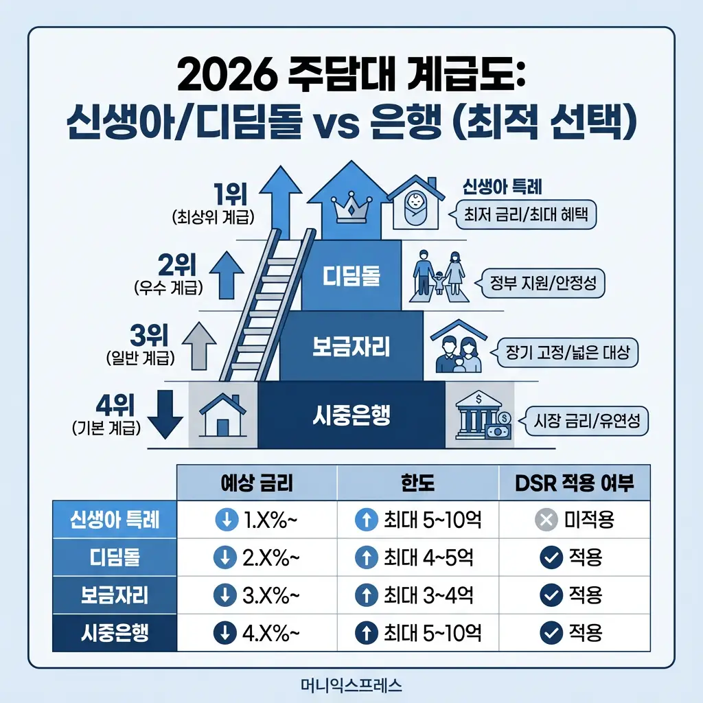 2026년 주택담보대출 신생아 특례 디딤돌 보금자리 시중은행 금리 한도 DSR 비교 최적 선택 가이드
