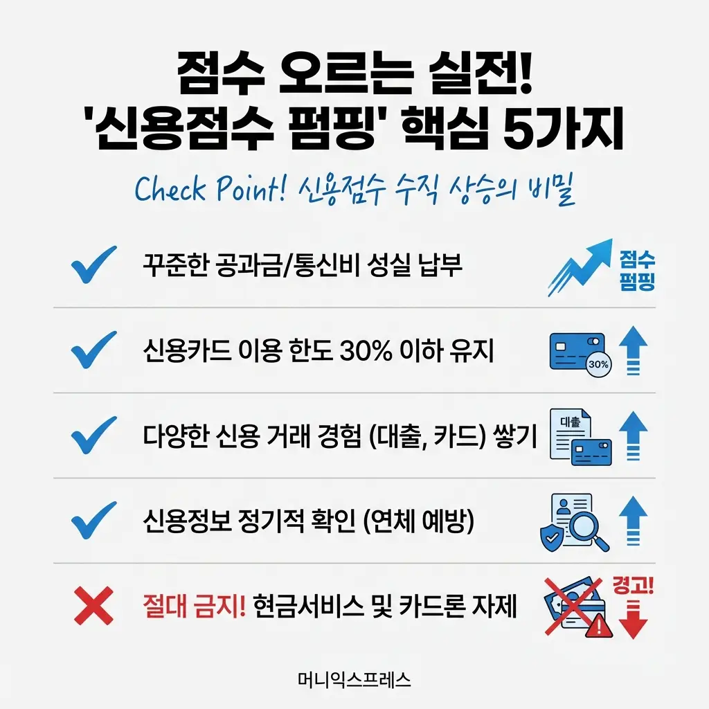 신용점수 올리는 법 실전 꿀팁 5가지 공과금 납부 카드 한도 관리 현금서비스 자제 신용등급 상승 전략