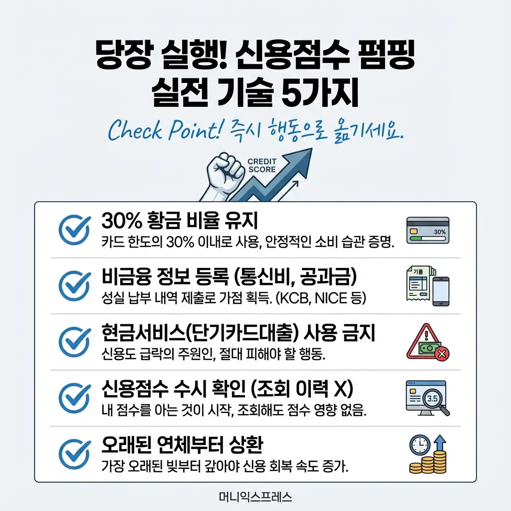 신용점수 올리는 방법 실전 기술 5가지 카드 한도 30% 유지 비금융 정보 등록 현금서비스 금지 연체 상환 꿀팁