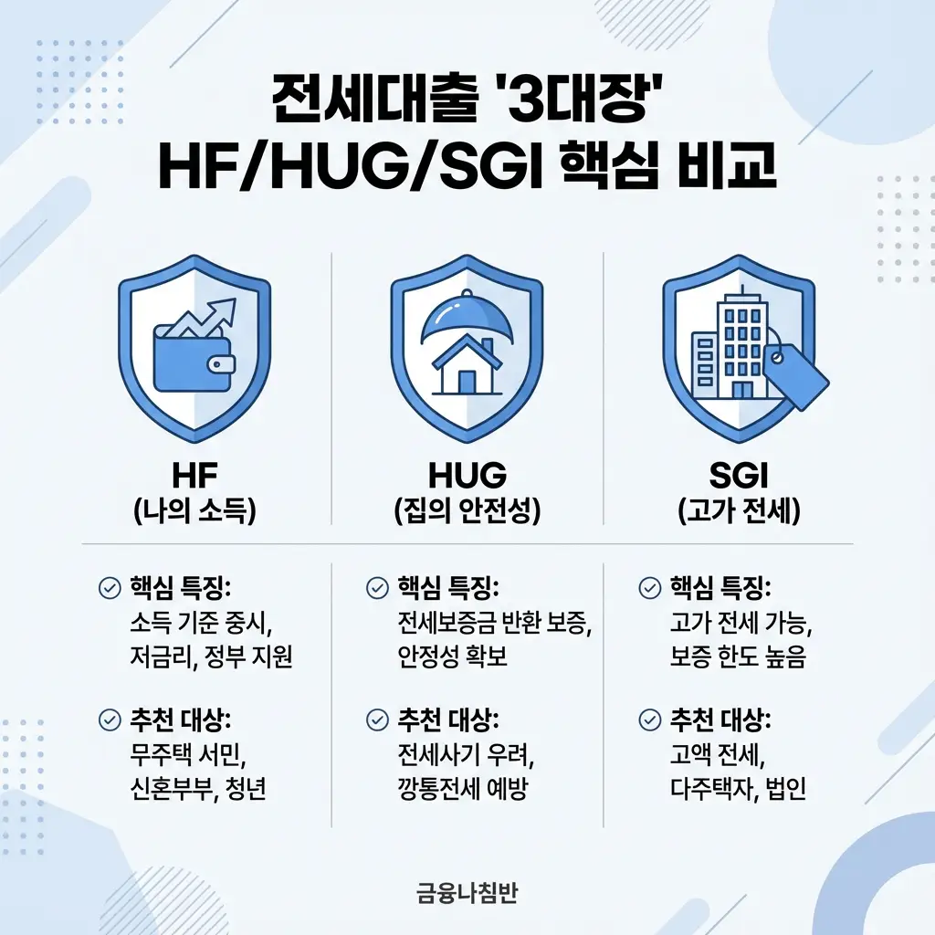 전세대출 3대장 HF HUG SGI 핵심 비교 전세 보증금 사기 예방 고가 전세 혜택 분석