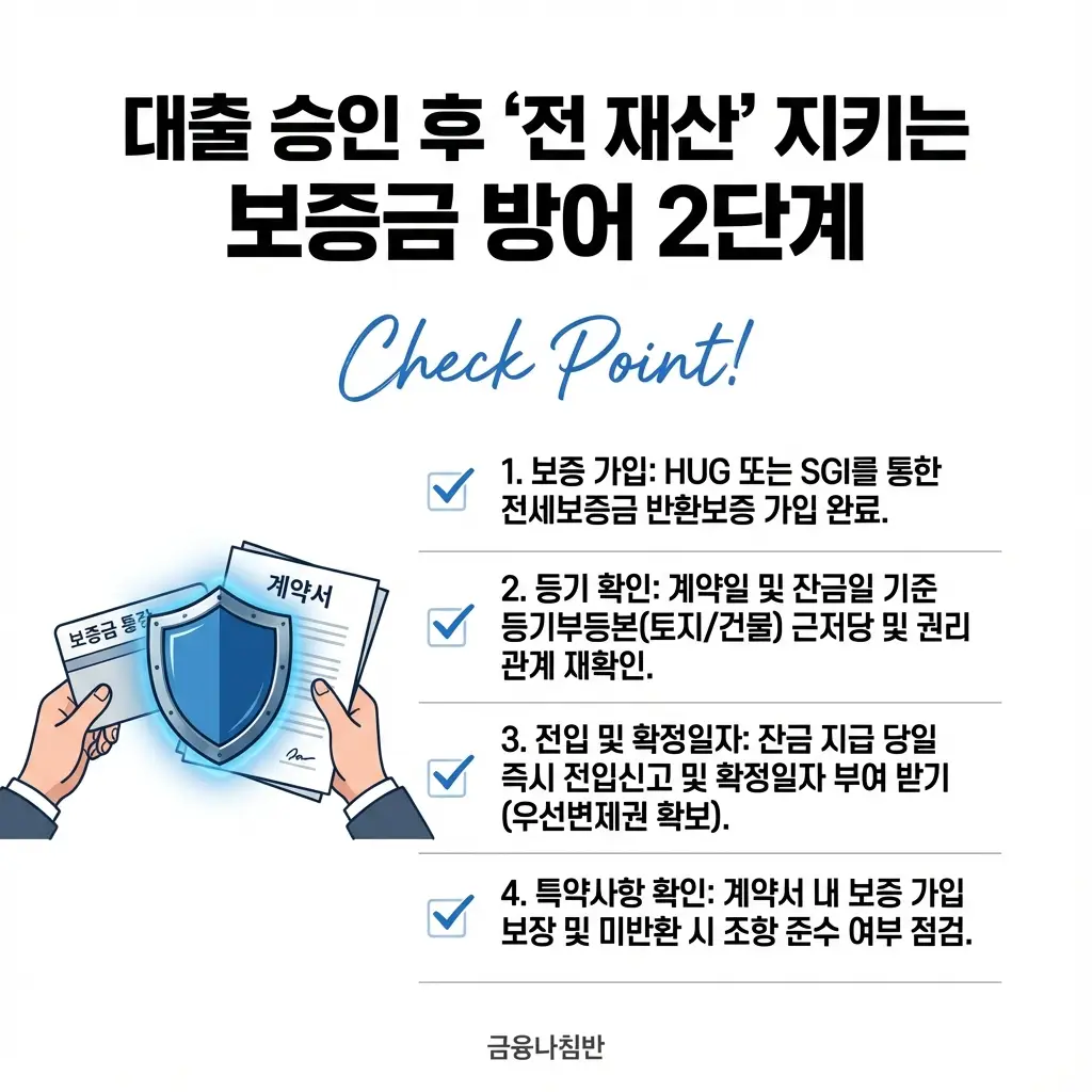 전세 보증금 지키는 방어 2단계 대출 승인 후 HUG SGI 가입 확정일자 전입 신고 등기 확인 법률 팁