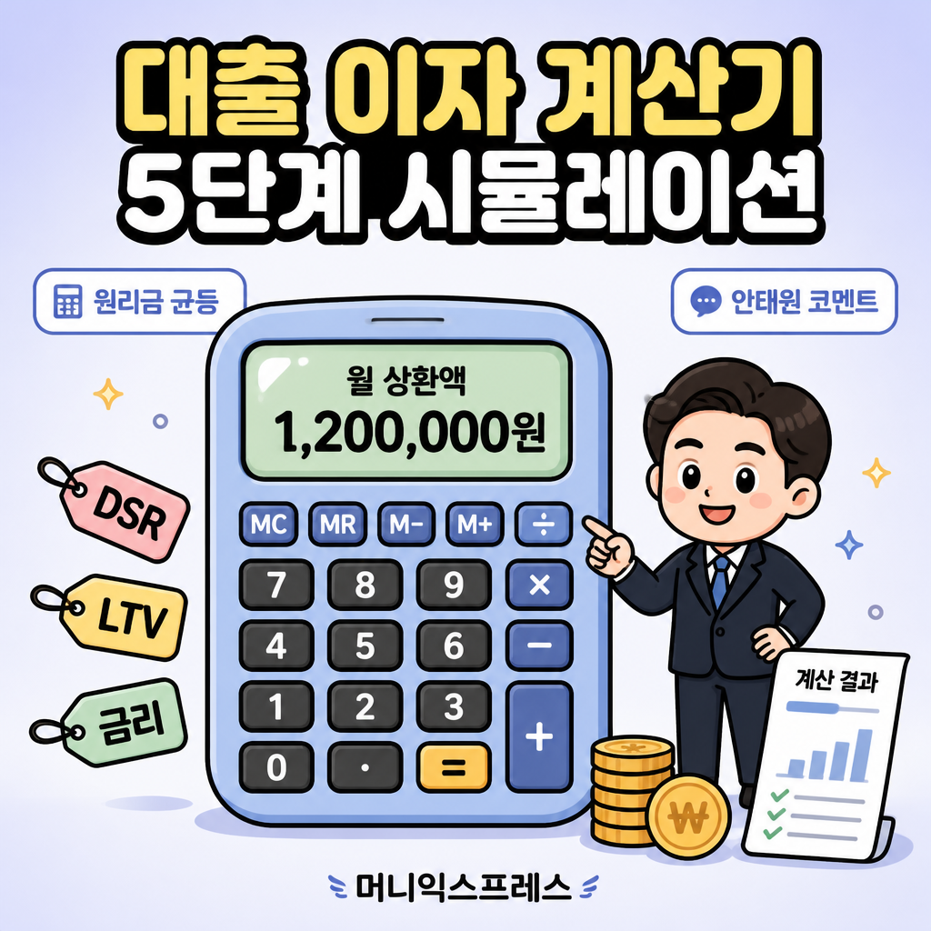 대출 이자 계산기 5단계 시뮬레이션 인포그래픽
